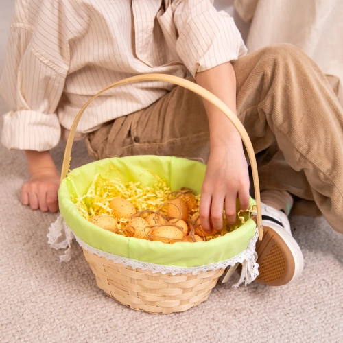 Coș de Paște căptușit cu material verde | Coș împletit manual din nuiele pentru Paște